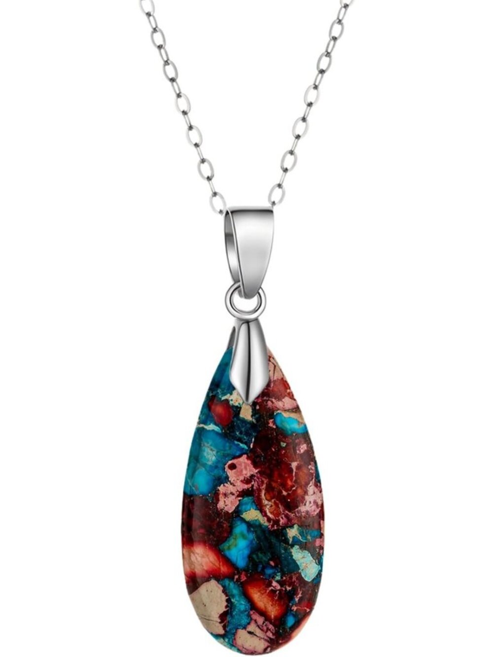 Natural Imperial Jasper Pendant Necklace, 925 Sterling Silver, Boho Waterdrop